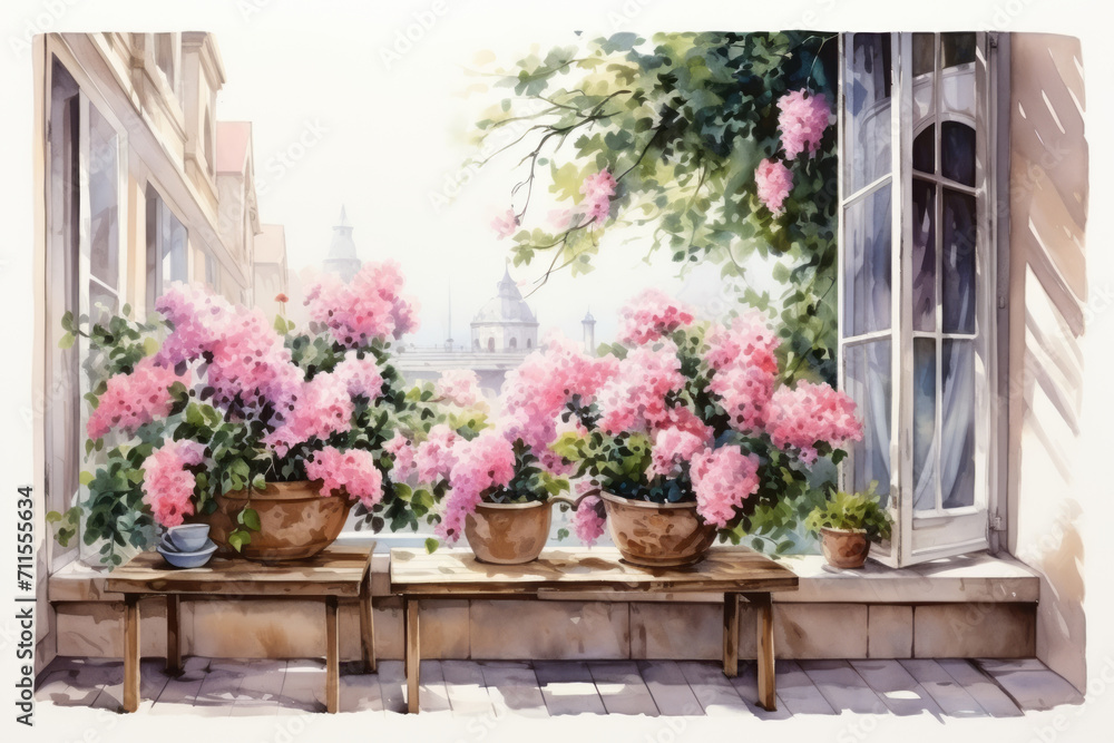 Watercolor illustration of summer flowers on balcony or terrace, flowers in pots, home decoration with flowers