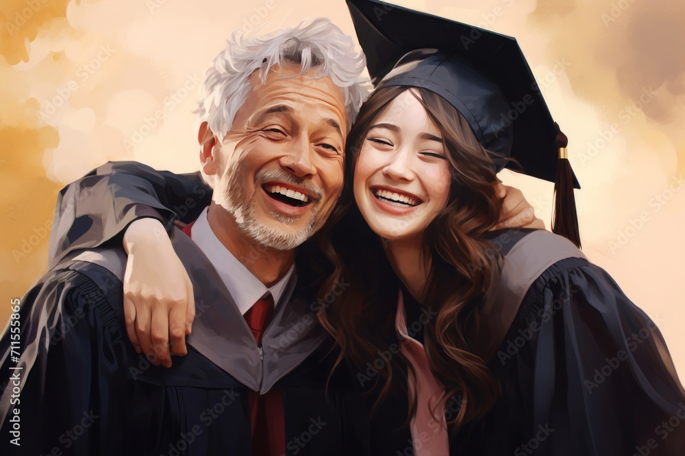 Fototapeta premium young female graduate wearing graduation clothes and celebrating with her father
