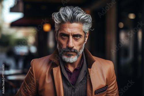 Portrait of a handsome senior man with gray hair and beard wearing a brown jacket.