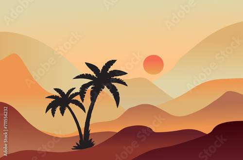Sunset Artwork of desert with a palm tree
