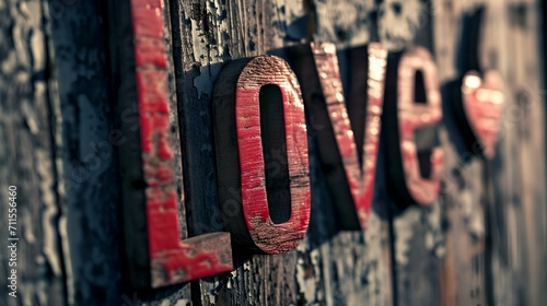 a wooden sign with the word love carved into it's letters photo