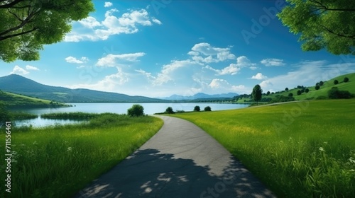 a path or road trough between green nature landscape  green grass  beautiful scenery nature wallpaper