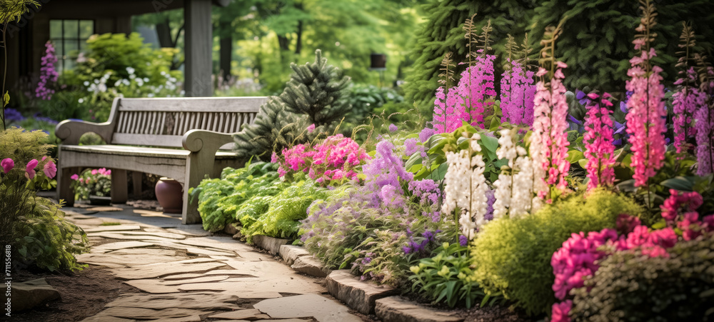 Serene garden path with bench and vibrant pink flowers