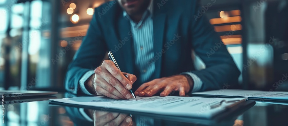 Professional Commitment: Executive Signing Important Documents in Office Setting.