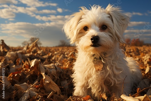 A playful poodle-havanese mix enjoys the crisp autumn air, surrounded by a sea of vibrant leaves, while its loyal terrier companion watches from the sky above photo