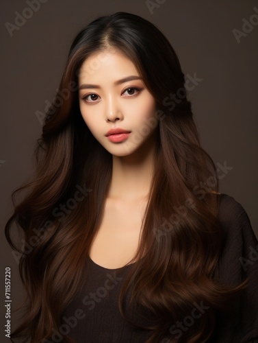 Beautiful Asian Woman Portrait Studio Photo Photography Profile Picture Model with Long Hair for Fashion Beauty Skincare Haircare Products on Dark Background 3:4 