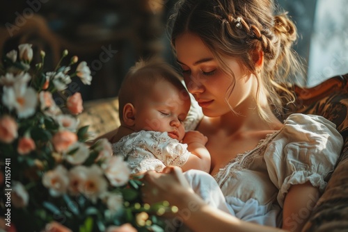 A beautiful girl with a newborn baby in her arms sits by the window in the sunlight. Concept: parental feeling, upbringing and caring for children
