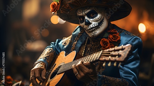 Mariachi Mexican Charro with Skeleton Face Playing Guitar. Generative AI photo