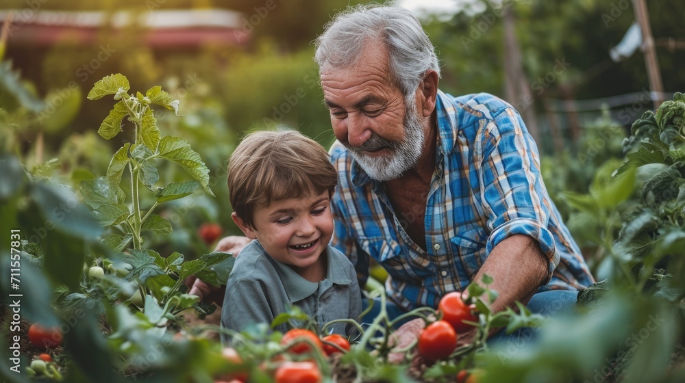 custom made wallpaper toronto digital็Hispanic senior age 70s man with beard sitting with his grandson laughing enjoy teaching gardening in summertime, happy elderly gardener male and kid in tomatoes vegetable scenery garden outdoors
