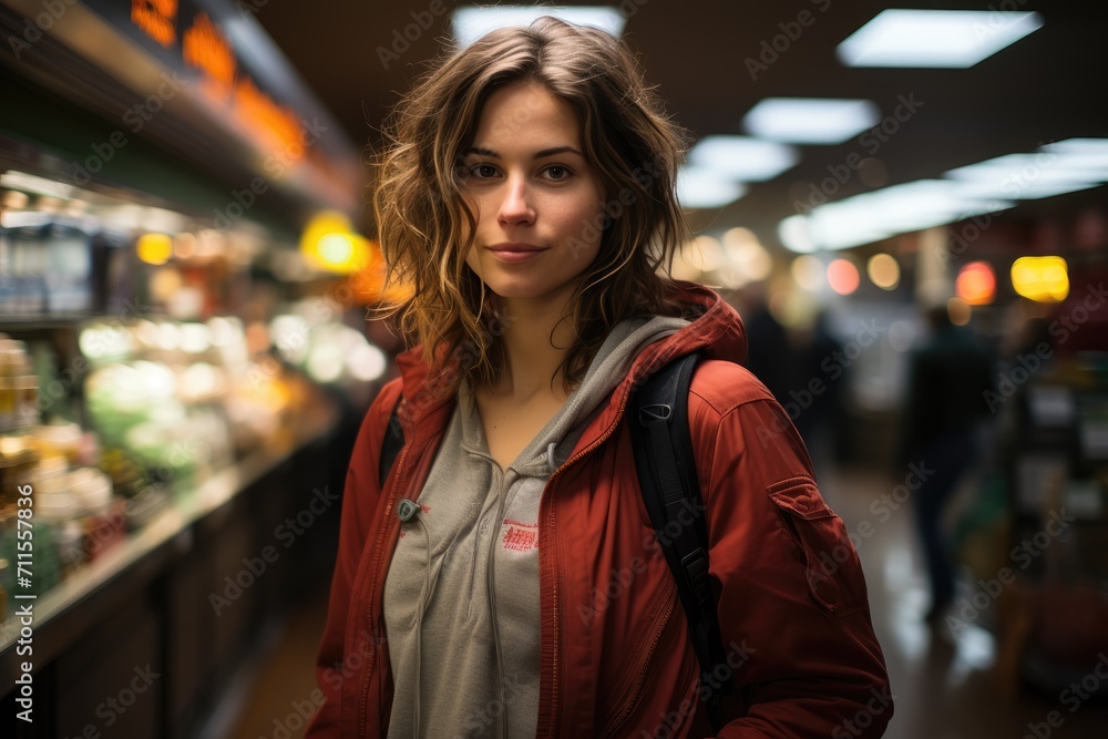 A stylish woman in a red jacket stands confidently on a busy street, her face illuminated by the bright indoor lights as she shops for the latest in street fashion