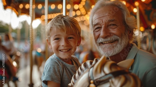 ็Hispanic senior age 70s man with grandson playing together enjoy laughing out loud together, bonding grandparent relationship with grandchild lifestyle holiday in zoo park relish a carousel ride