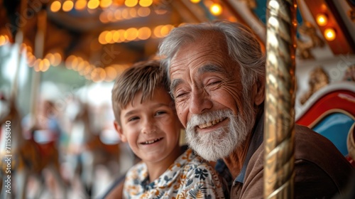 ็Hispanic senior age 70s man with grandson playing together enjoy laughing out loud together, bonding grandparent relationship with grandchild lifestyle holiday in zoo park relish a carousel ride