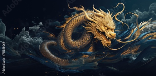 Dragon on a dark background, in the style of Chinese New Year