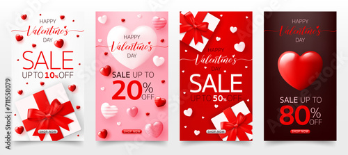 Set of 3D Happy valentine’s day sale banner template. special discount promotion sale offer with cute gift box, heart background for valentine online shop, store, advertising card, social media post