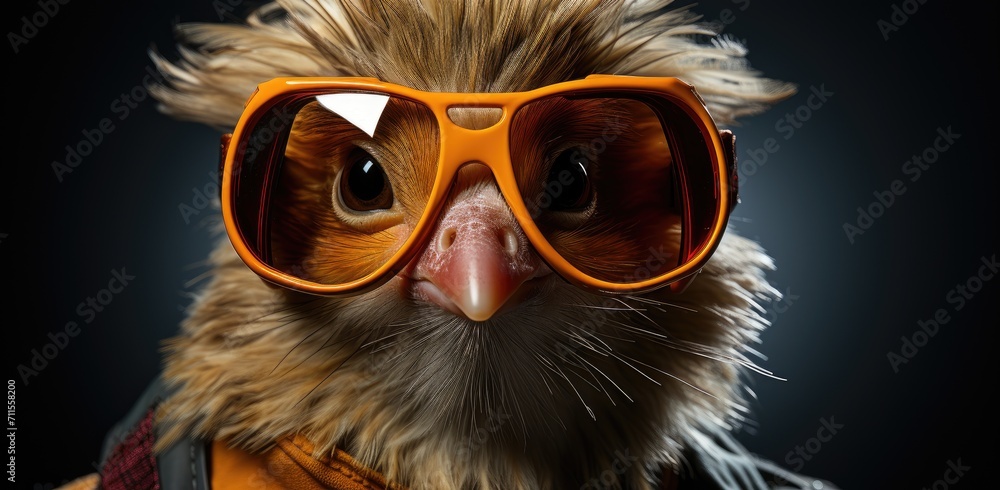 A stylish bird confidently dons sunglasses, ready to conquer the great outdoors with its trendy eyewear