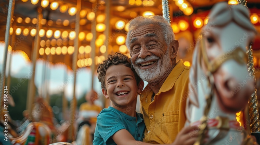 ็Hispanic senior age 70s man with grandson enjoy laughing out loud playing together, bonding grandparent relationship with grandchild lifestyle free time play relish a carousel ride in zoo park ็Hispanic senior age 70s man with grandson enjoy laughing out loud playing together, bonding grandparent relationship with grandchild lifestyle free time play relish a carousel ride in zoo park