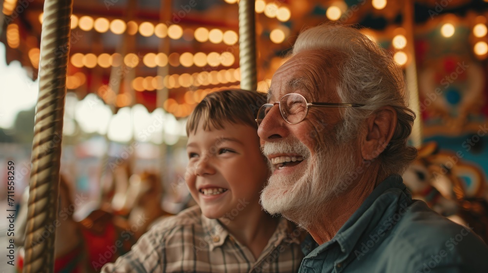 ็Hispanic senior age 70s man with grandson enjoy laughing out loud playing together, bonding grandparent relationship with grandchild lifestyle free time play relish a carousel ride in zoo park