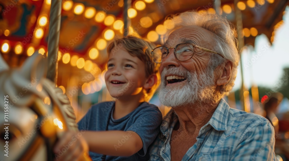 Obraz premium ็Hispanic senior age 70s man with grandson enjoy laughing out loud playing together, bonding grandparent relationship with grandchild lifestyle free time play relish a carousel ride in zoo park