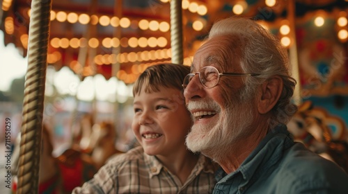    Hispanic senior age 70s man with grandson enjoy laughing out loud playing together  bonding grandparent relationship with grandchild lifestyle free time play relish a carousel ride in zoo park