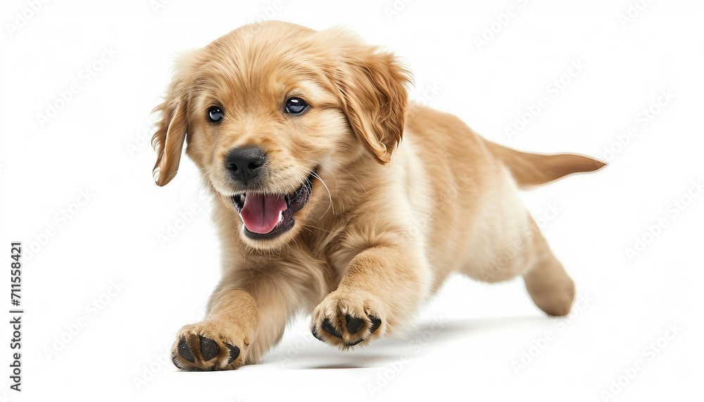 Golden Retriever puppy in a lively pose on a pristine white background, happy puppy sitting. Generative AI
