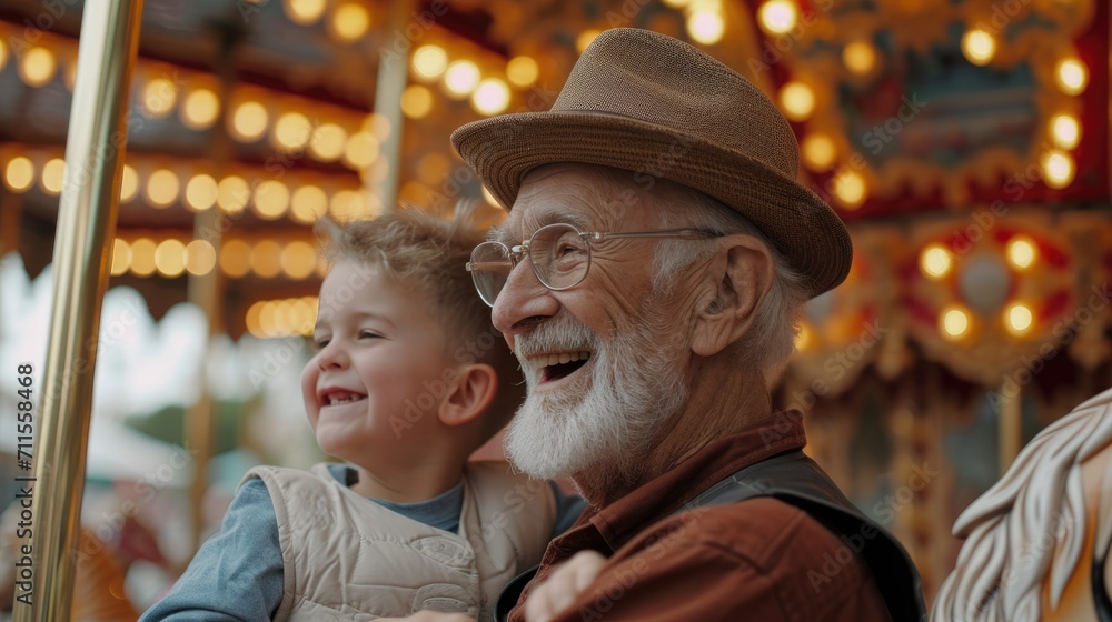 Healthy living of senior elderly pensioner male with kid enjoy laughing out loud playing together, bonding grandparent relationship with grandchild lifestyle free time play relish a carousel ride park Healthy living of senior elderly pensioner male with kid enjoy laughing out loud playing together, bonding grandparent relationship with grandchild lifestyle free time play relish a carousel ride park