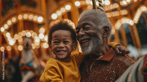 Healthy living of senior elderly pensioner multiethnic male with kid enjoy laughing out loud playing together, bonding grandparent relationship with grandchild lifestyle play relish carousel ride park