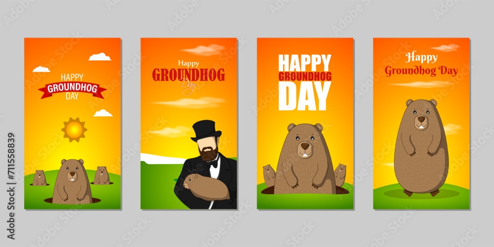 Fototapeta premium Vector illustration of Happy Groundhog Day social media feed set template