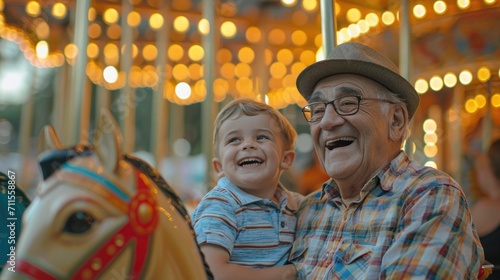 Healthy living of senior elderly pensioner age 70s male with kid enjoy laughing playing together, sharing moment bonding grandparent relationship and grandchild lifestyle play relish carousel ride