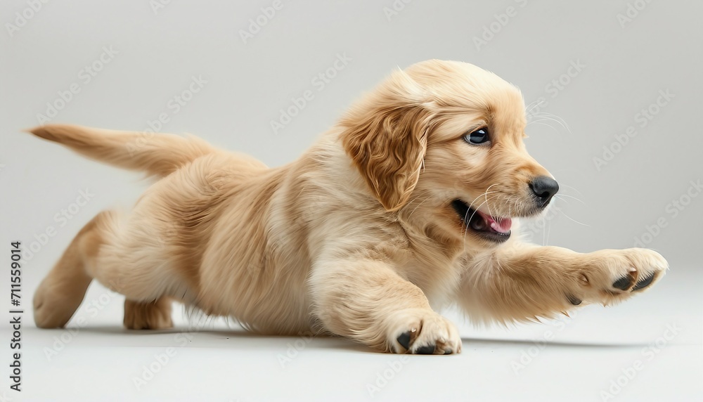 Golden Retriever puppy in a lively pose on a pristine white background, happy puppy sitting. Generative AI Golden Retriever puppy in a lively pose on a pristine white background, happy puppy sitting. Generative AI