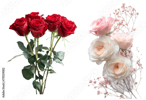 A bouquet of red roses and a decorative bouquet of white roses