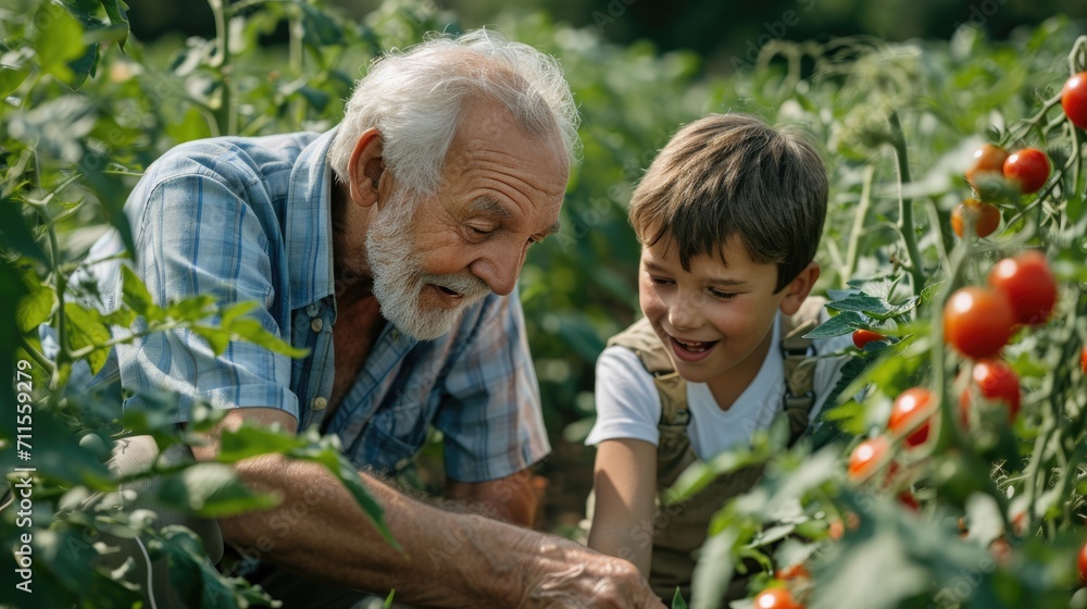 Fototapeta premium Senior elderly healthy man enjoys spending time in tomatoes greenery farm teaching grandson to harvest fruit vegetables garden, agricultural hobby for retired pensioner gardener working in backyard