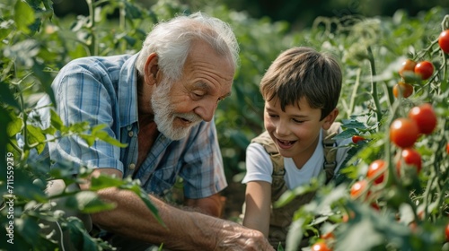 Senior elderly healthy man enjoys spending time in tomatoes greenery farm teaching grandson to harvest fruit vegetables garden, agricultural hobby for retired pensioner gardener working in backyard