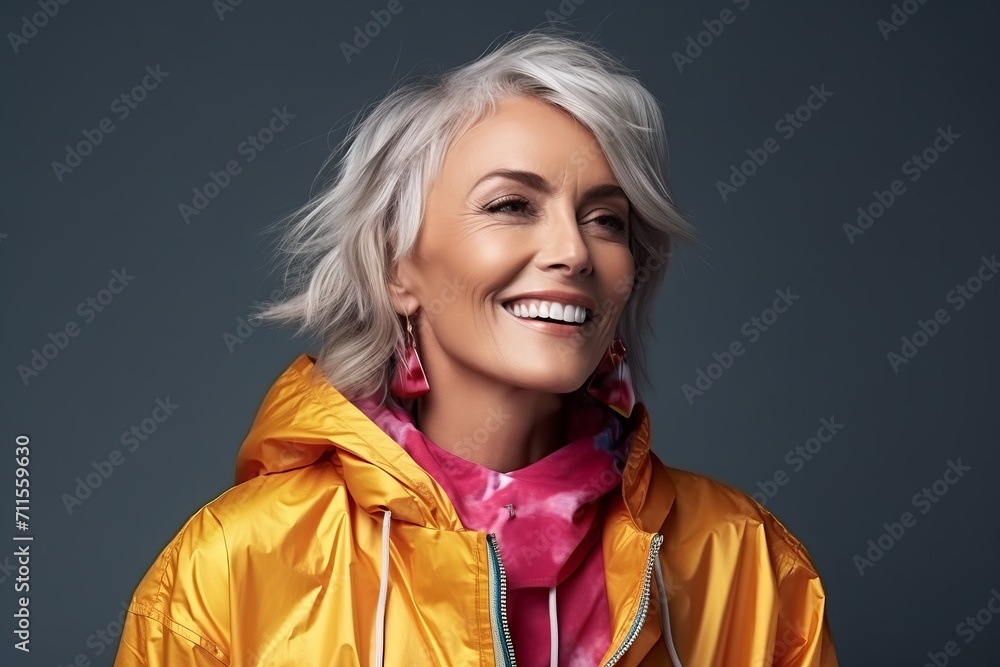 Portrait of a beautiful middle-aged woman wearing bright yellow jacket Portrait of a beautiful middle-aged woman wearing bright yellow jacket