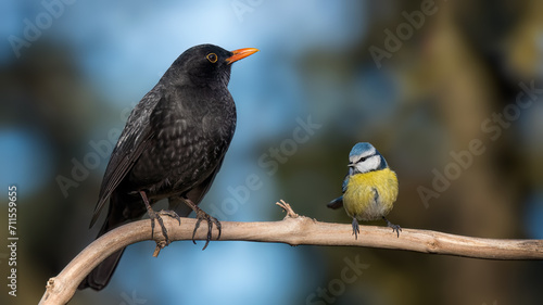 blackbird and blue tit on a branch