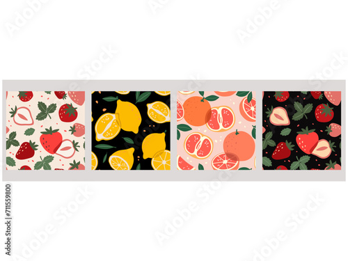 Set of vector seamless patterns with fruits. Modern abstract design for paper, fabric, interior decor and other users.