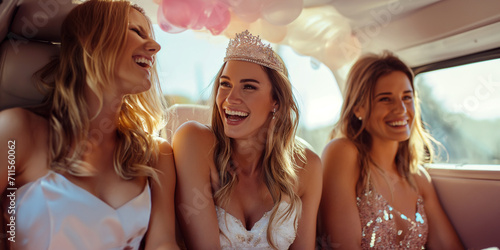 Junggessellinenabschiedsgäste sitzen mit der werdenden Braut im Van und feiern photo