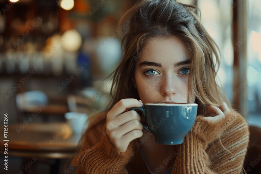 Realistic photo of a young woman sitting in an italian cafe and holding dark blue cup of coffee
Realistic photo of a young woman sitting in an italian cafe and holding dark blue cup of coffee