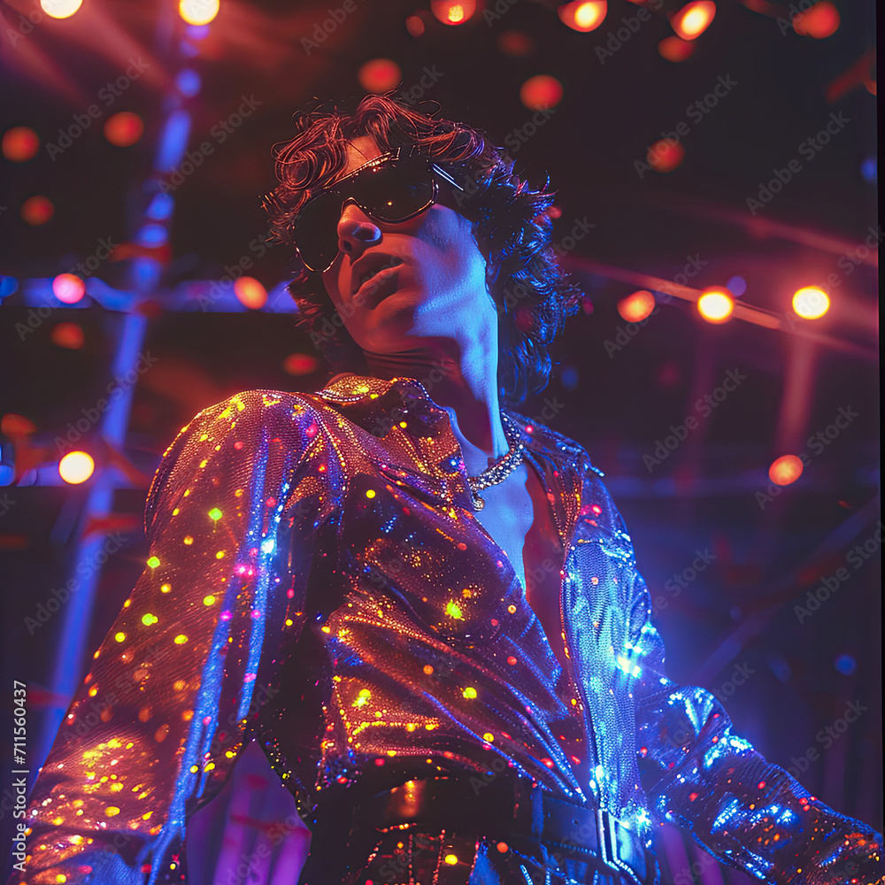 Obraz premium Man in a Sequin Shirt and Sunglasses, 70's, 80's Retro Style Glam Neon Lighting and Vibrant Colors Night Photography Portrait