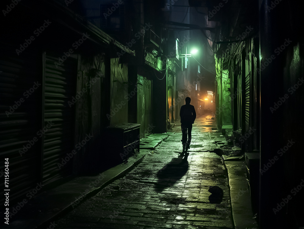 A greeneyed street walker riding through a dark alleyway