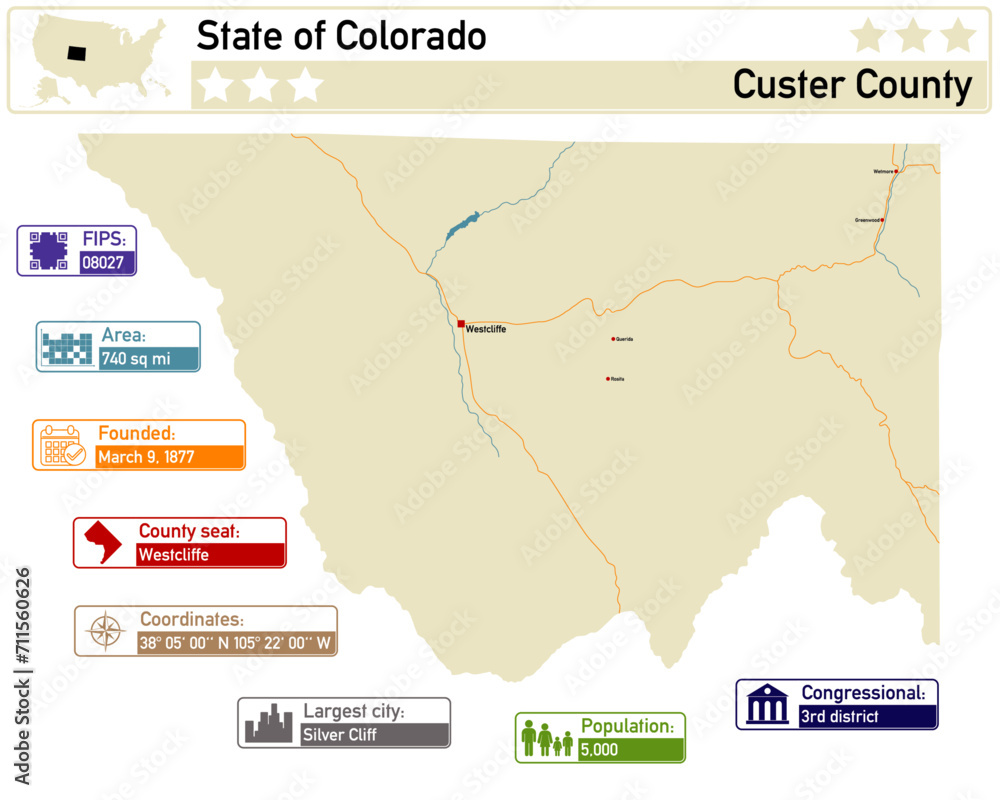 Detailed infographic and map of Custer County in Colorado USA.