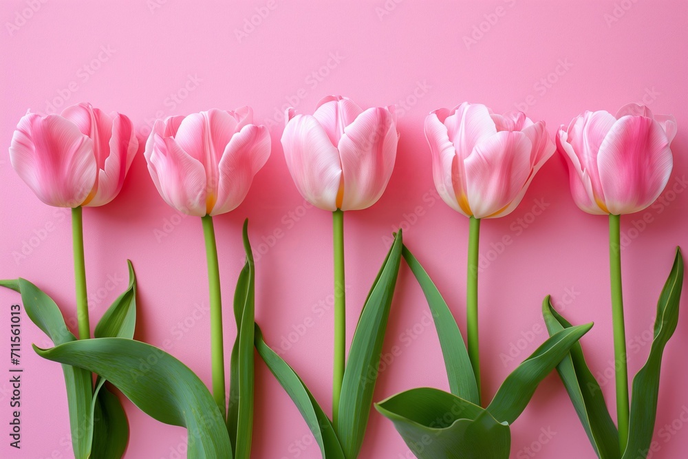 minimalist greeting with a row of pink tulips on a pastel pink background minimalist greeting with a row of pink tulips on a pastel pink background
