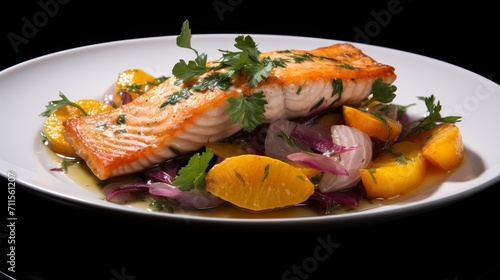 Delicious grilled salmon with colorful veggies, served on a white plate with zesty lemon herb sauce