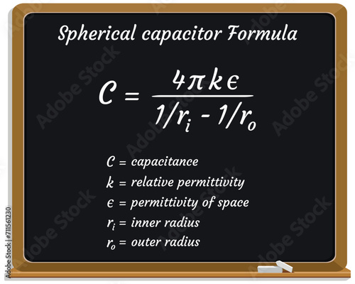 Spherical capacitor Formula on a black chalkboard. Education. Science. Formula. Vector illustration.