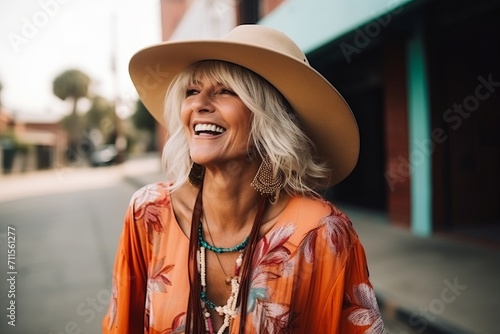 Portrait of a beautiful mature woman in hat smiling on the street