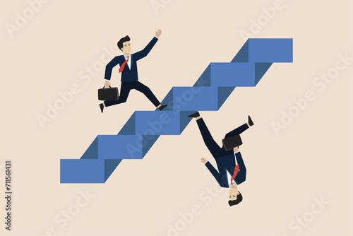 Business paradox, possible and impossible concept, improvement or different perspective, fake or real, ambitious businessman walk up stair while in paradox he walking down.
