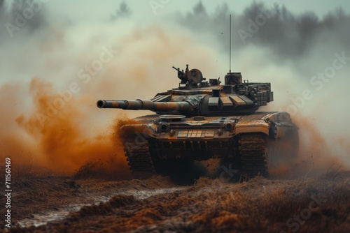 Contemporary tank on the Battlefield actions. Army force conflict.