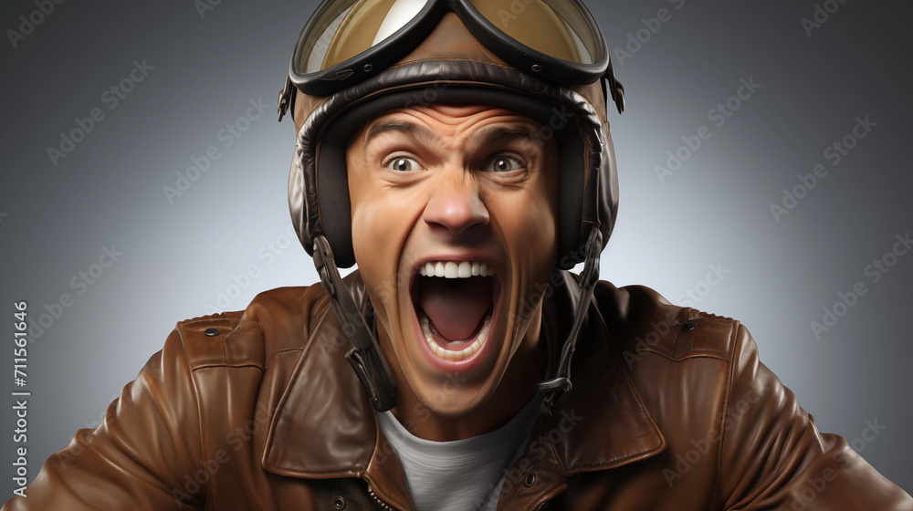 A pilot in a helmet shouts. A pilot in a helmet shouts.