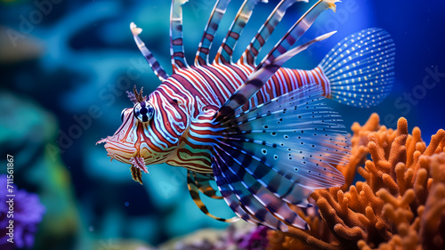 Majestic lionfish swimming in blue ocean water near coral photo
