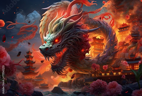 chinese dragon with fireworks in the background
