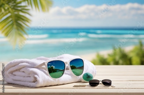 sunglasses and white towel on the beach